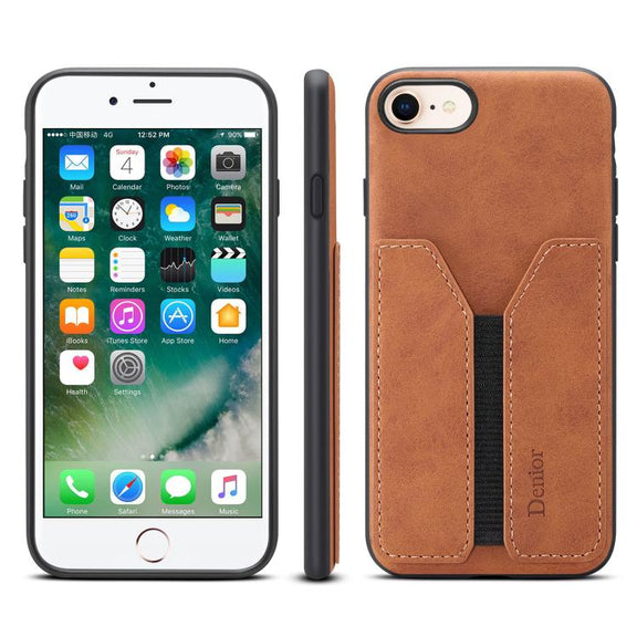 For iPhone 16e Denior D07 DV Elastic Card Slot PU Back Cover Phone Case(Brown)
