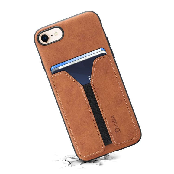 For iPhone 16e Denior D07 DV Elastic Card Slot PU Back Cover Phone Case(Brown)