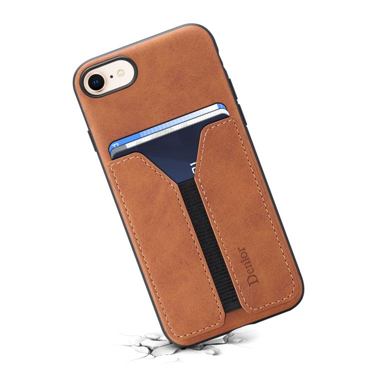 For iPhone 16e Denior D07 DV Elastic Card Slot PU Back Cover Phone Case(Brown)