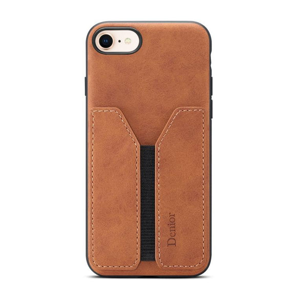 For iPhone 16e Denior D07 DV Elastic Card Slot PU Back Cover Phone Case(Brown)