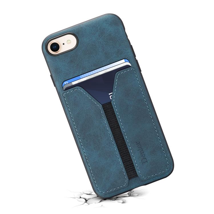 For iPhone 16e Denior D07 DV Elastic Card Slot PU Back Cover Phone Case(Blue)