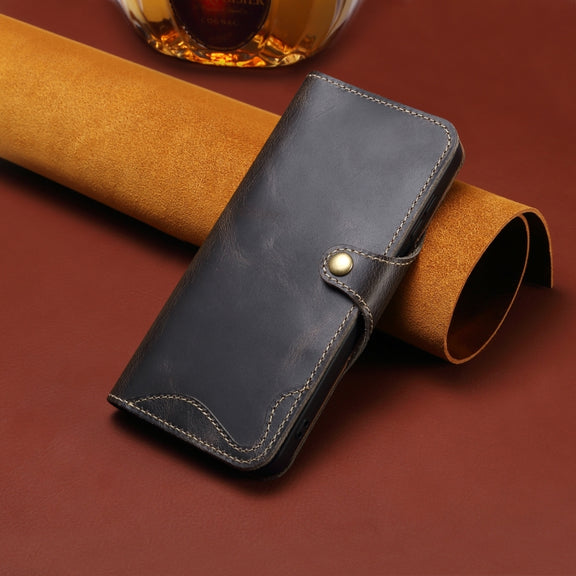 For iPhone 16 Denior B01 Oil Wax Cowhide Magnetic Button Genuine Leather Case(Black)