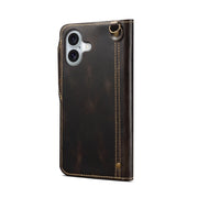 For iPhone 16 Denior B01 Oil Wax Cowhide Magnetic Button Genuine Leather Case(Black)