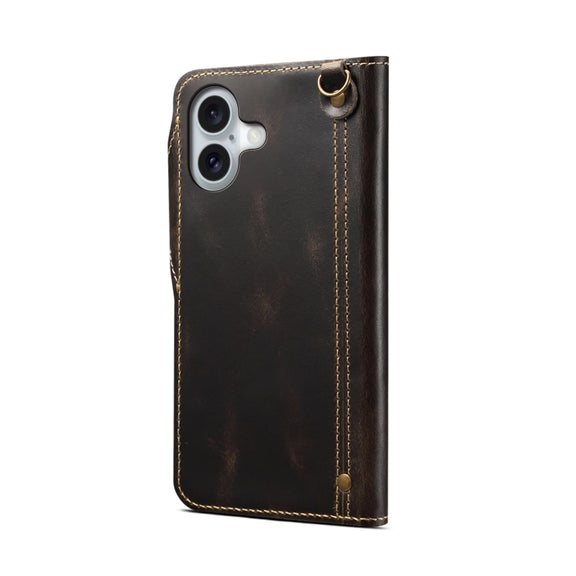 For iPhone 16 Denior B01 Oil Wax Cowhide Magnetic Button Genuine Leather Case(Black)