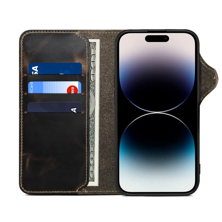 For iPhone 16 Denior B01 Oil Wax Cowhide Magnetic Button Genuine Leather Case(Black)