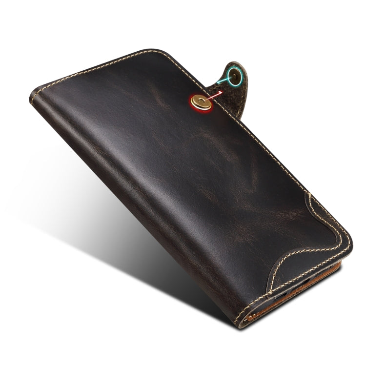 For iPhone 16 Denior B01 Oil Wax Cowhide Magnetic Button Genuine Leather Case(Black)