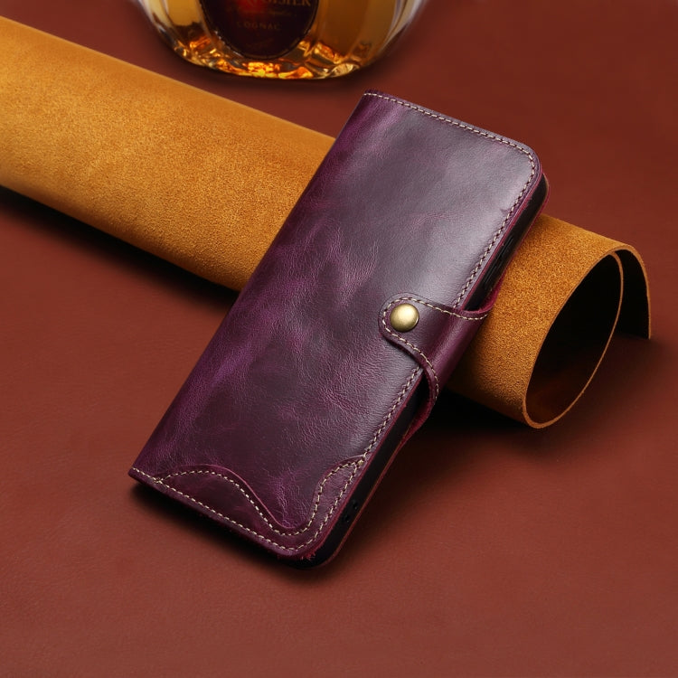 For iPhone 16 Denior B01 Oil Wax Cowhide Magnetic Button Genuine Leather Case(Purple)