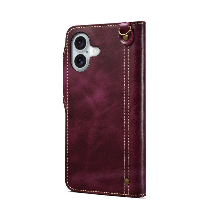For iPhone 16 Denior B01 Oil Wax Cowhide Magnetic Button Genuine Leather Case(Purple)