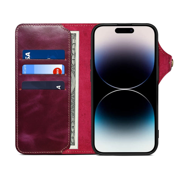 For iPhone 16 Denior B01 Oil Wax Cowhide Magnetic Button Genuine Leather Case(Purple)