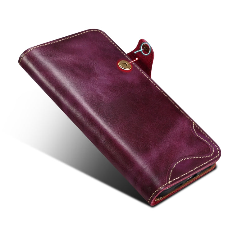 For iPhone 16 Denior B01 Oil Wax Cowhide Magnetic Button Genuine Leather Case(Purple)