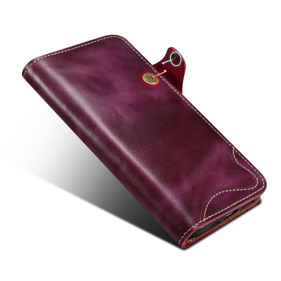 For iPhone 16 Denior B01 Oil Wax Cowhide Magnetic Button Genuine Leather Case(Purple)