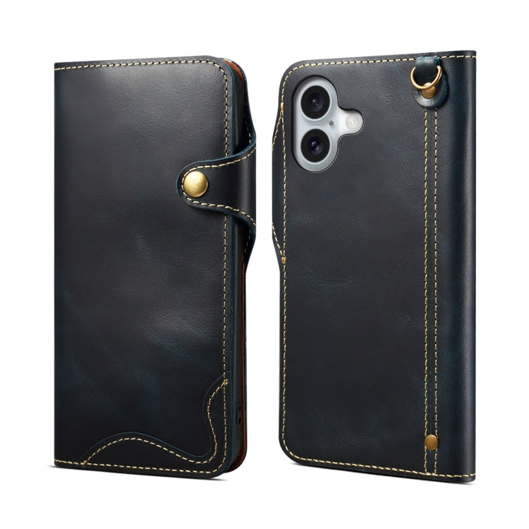 For iPhone 16 Denior B01 Oil Wax Cowhide Magnetic Button Genuine Leather Case(Blue)