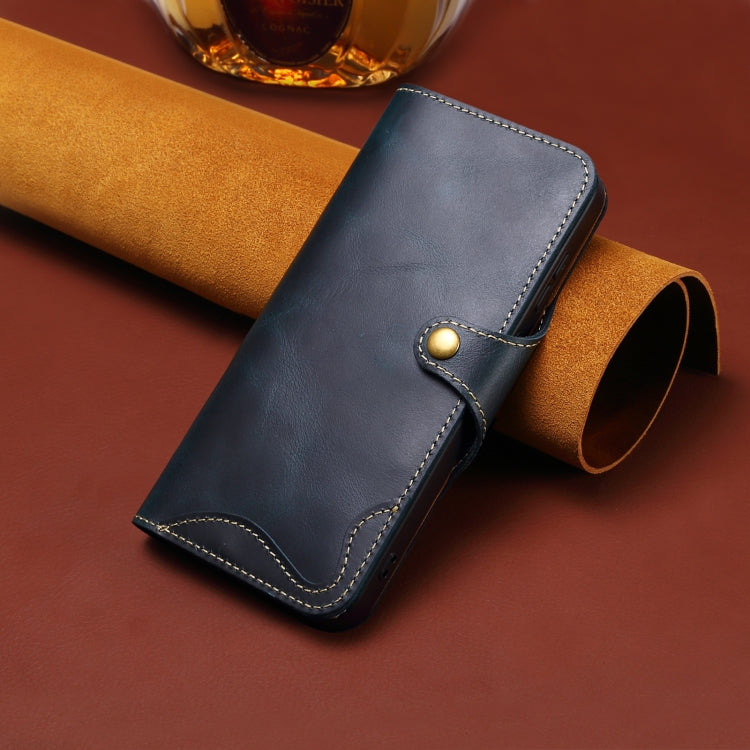 For iPhone 16 Denior B01 Oil Wax Cowhide Magnetic Button Genuine Leather Case(Blue)