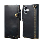 For iPhone 16 Denior B01 Oil Wax Cowhide Magnetic Button Genuine Leather Case(Blue)