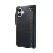 For iPhone 16 Denior B01 Oil Wax Cowhide Magnetic Button Genuine Leather Case(Blue)