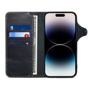 For iPhone 16 Denior B01 Oil Wax Cowhide Magnetic Button Genuine Leather Case(Blue)