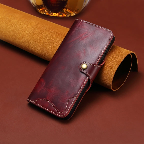 For iPhone 16 Plus Denior B01 Oil Wax Cowhide Magnetic Button Genuine Leather Case(Red)