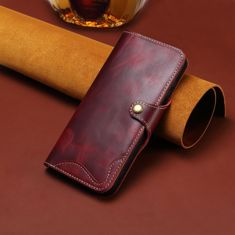 For iPhone 16 Plus Denior B01 Oil Wax Cowhide Magnetic Button Genuine Leather Case(Red)