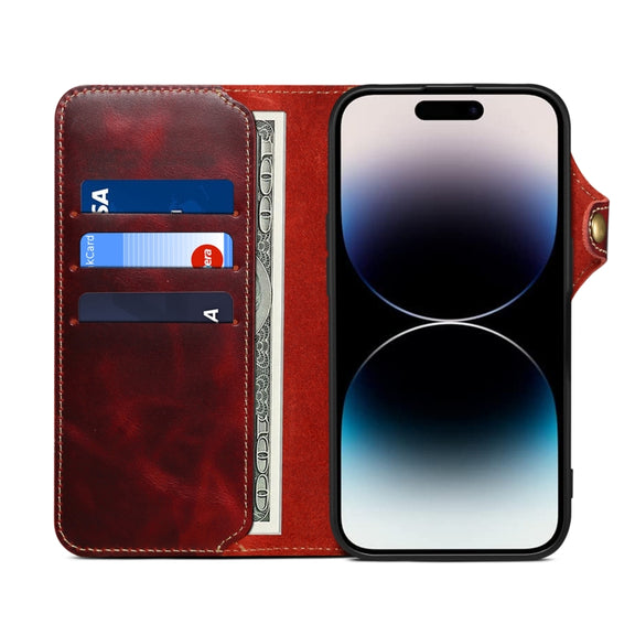 For iPhone 16 Plus Denior B01 Oil Wax Cowhide Magnetic Button Genuine Leather Case(Red)