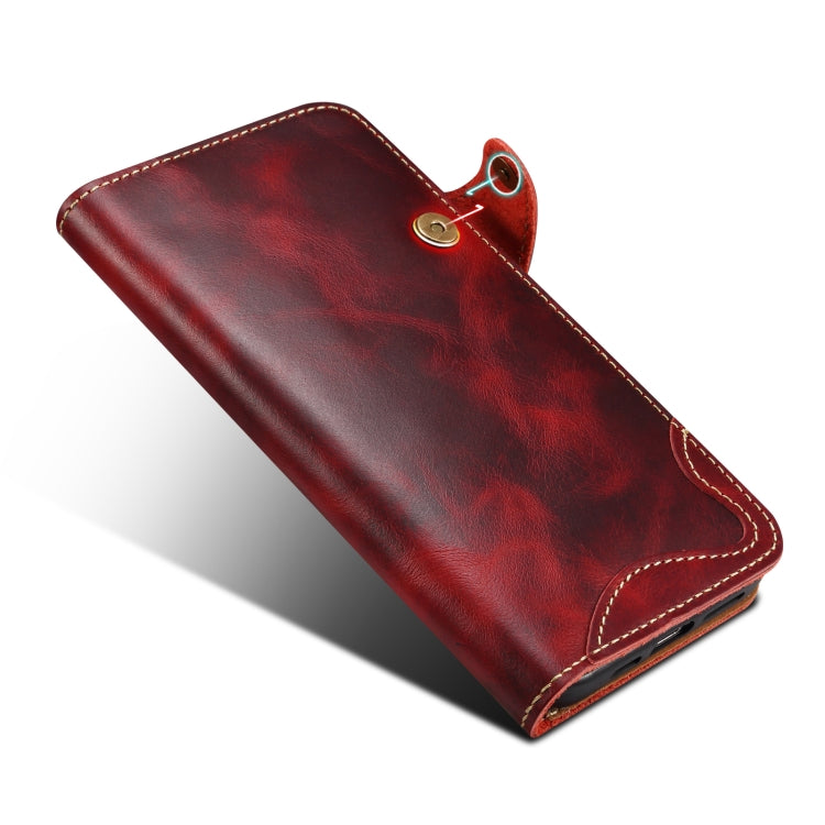 For iPhone 16 Plus Denior B01 Oil Wax Cowhide Magnetic Button Genuine Leather Case(Red)