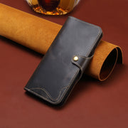 For iPhone 16 Plus Denior B01 Oil Wax Cowhide Magnetic Button Genuine Leather Case(Black)