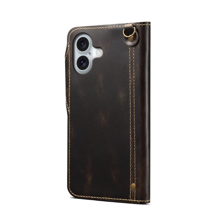 For iPhone 16 Plus Denior B01 Oil Wax Cowhide Magnetic Button Genuine Leather Case(Black)