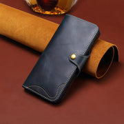 For iPhone 16 Plus Denior B01 Oil Wax Cowhide Magnetic Button Genuine Leather Case(Blue)
