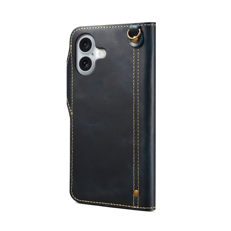 For iPhone 16 Plus Denior B01 Oil Wax Cowhide Magnetic Button Genuine Leather Case(Blue)