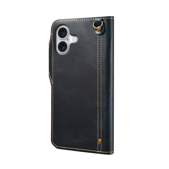 For iPhone 16 Plus Denior B01 Oil Wax Cowhide Magnetic Button Genuine Leather Case(Blue)