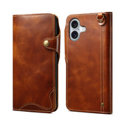 For iPhone 16 Plus Denior B01 Oil Wax Cowhide Magnetic Button Genuine Leather Case(Brown)