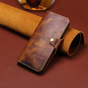 For iPhone 16 Plus Denior B01 Oil Wax Cowhide Magnetic Button Genuine Leather Case(Brown)