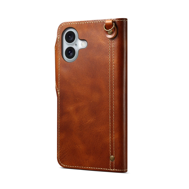 For iPhone 16 Plus Denior B01 Oil Wax Cowhide Magnetic Button Genuine Leather Case(Brown)