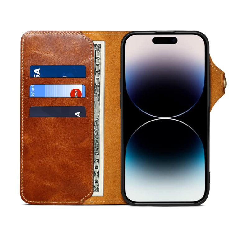For iPhone 16 Plus Denior B01 Oil Wax Cowhide Magnetic Button Genuine Leather Case(Brown)