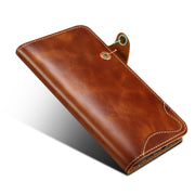 For iPhone 16 Plus Denior B01 Oil Wax Cowhide Magnetic Button Genuine Leather Case(Brown)