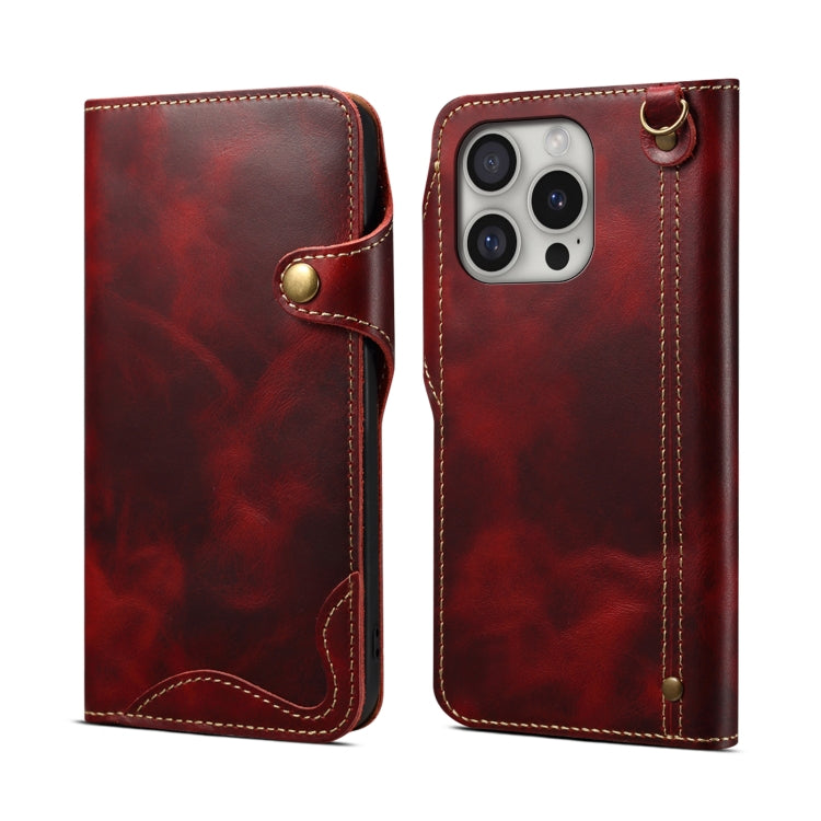 For iPhone 16 Pro Denior B01 Oil Wax Cowhide Magnetic Button Genuine Leather Case(Red)