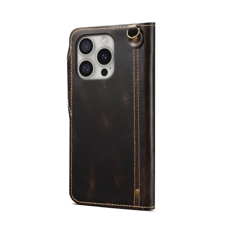 For iPhone 16 Pro Denior B01 Oil Wax Cowhide Magnetic Button Genuine Leather Case(Black)