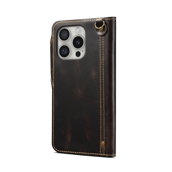 For iPhone 16 Pro Denior B01 Oil Wax Cowhide Magnetic Button Genuine Leather Case(Black)