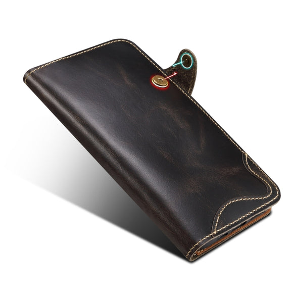 For iPhone 16 Pro Denior B01 Oil Wax Cowhide Magnetic Button Genuine Leather Case(Black)