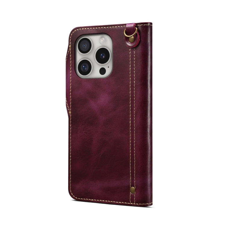 For iPhone 16 Pro Max Denior B01 Oil Wax Cowhide Magnetic Button Genuine Leather Case(Red)