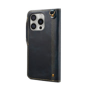 For iPhone 16 Pro Max Denior B01 Oil Wax Cowhide Magnetic Button Genuine Leather Case(Blue)