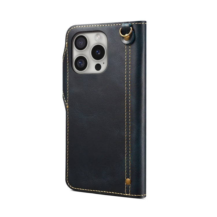 For iPhone 16 Pro Max Denior B01 Oil Wax Cowhide Magnetic Button Genuine Leather Case(Blue)