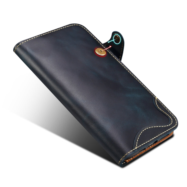 For iPhone 16 Pro Max Denior B01 Oil Wax Cowhide Magnetic Button Genuine Leather Case(Blue)