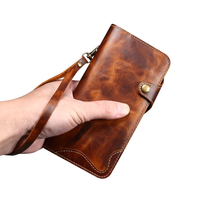 For iPhone 16 Plus Denior B01 Oil Wax Cowhide Magnetic Button Genuine Leather Case(Brown)