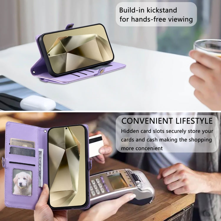 For Samsung Galaxy S25 5G Wallet Multi-card Slot Leather Phone Case with Lanyard(Purple)