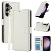 For Samsung Galaxy S25+ 5G Skin Feel Pure Color Card Slots Leather Phone Case with Dual Lanyard(White)
