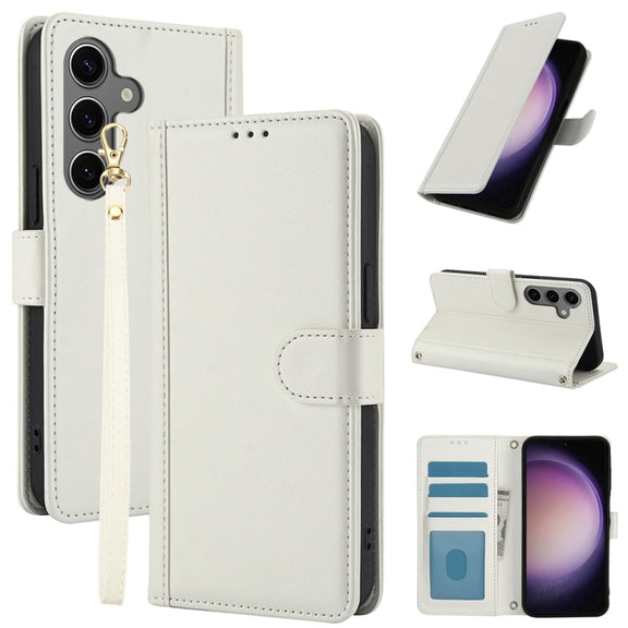 For Samsung Galaxy S25 5G Skin Feel Pure Color Card Slots Leather Phone Case with Dual Lanyard(White)