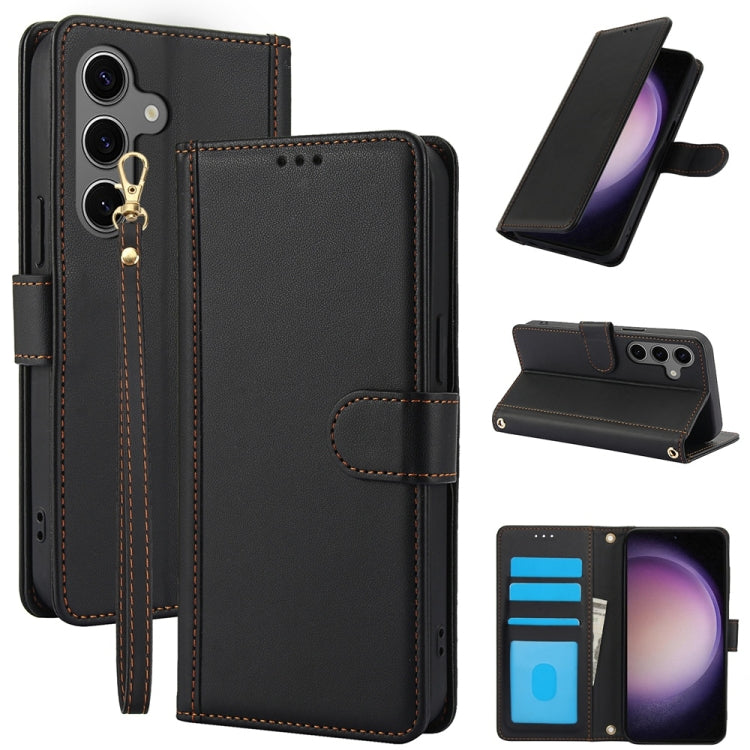 For Samsung Galaxy S25 5G Skin Feel Pure Color Card Slots Leather Phone Case with Dual Lanyard(Black)