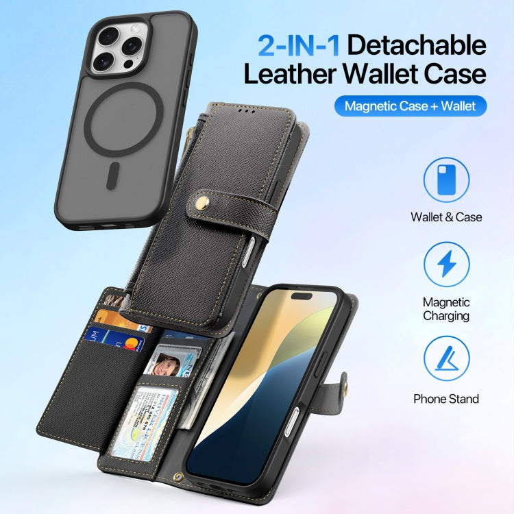 For iPhone 16 Pro DUX DUCIS Lawa Series 2 in 1 Wallet Zipper Detachable MagSafe Phone Case with Lanyard(Black)
