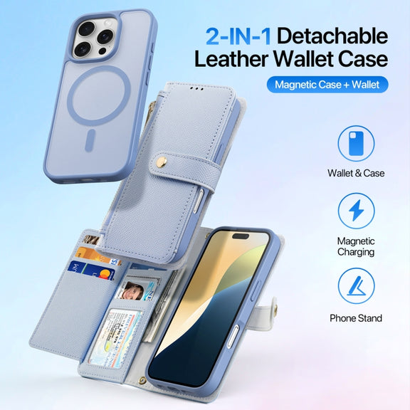For iPhone 16 Pro DUX DUCIS Lawa Series 2 in 1 Wallet Zipper Detachable MagSafe Phone Case with Lanyard(Light Blue)