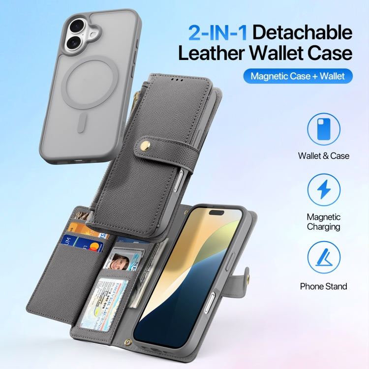 For iPhone 16 DUX DUCIS Lawa Series 2 in 1 Wallet Zipper Detachable MagSafe Phone Case with Lanyard(Grey)